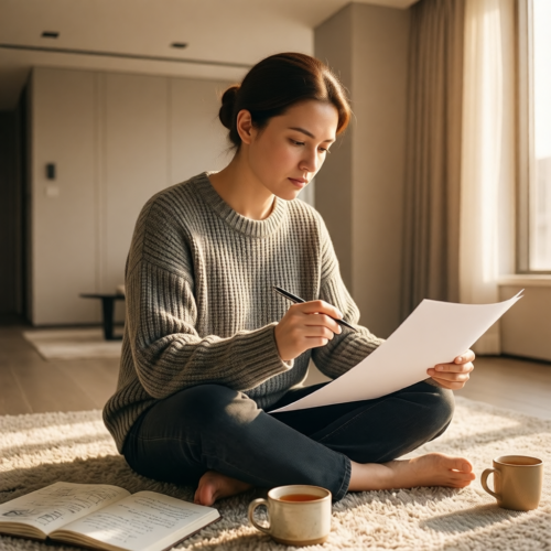 Девушка сидит с листком бумаги